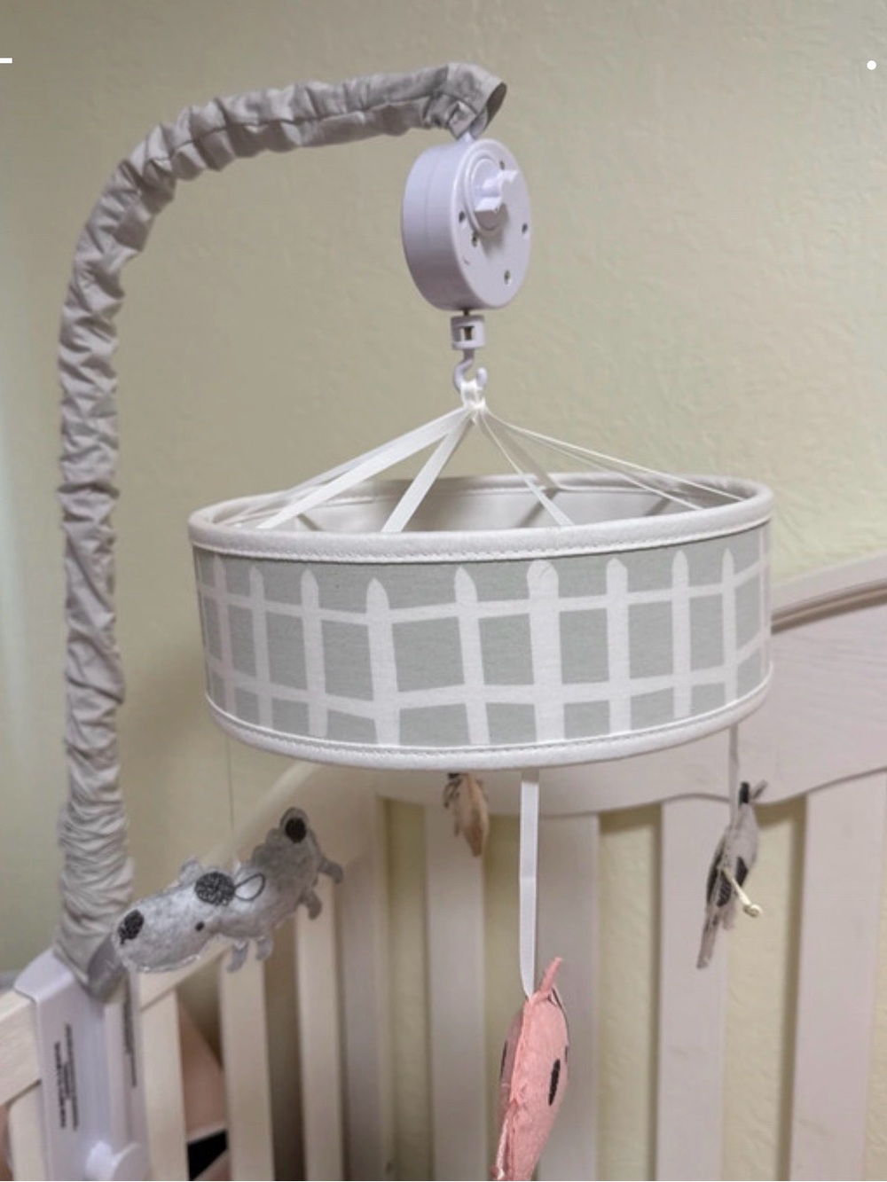 Neutral Gray and White Baby Mobile with Plush Farm Animals